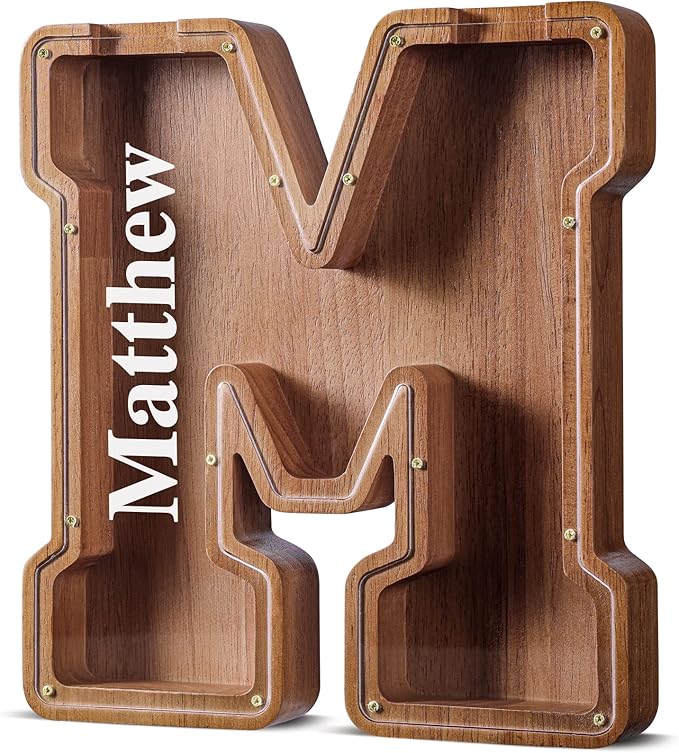 Summidate Customized Name Large Wooden Piggy Bank for Kids Boys Girls Alphabets Letter A-Z Coins Bills Money Change Bank Box Initial on Clear Cover (Laser Engraved) (Alphabet-M, Personalized-12)