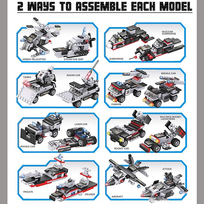 Liberty Imports 825pc Military Aircraft Carrier Fleet Construction Bricks Toy - 8-in-1 Naval Battleship Models with Navy Vehicles, Jets & More - Compatible with Major Brands - Storage Case Included