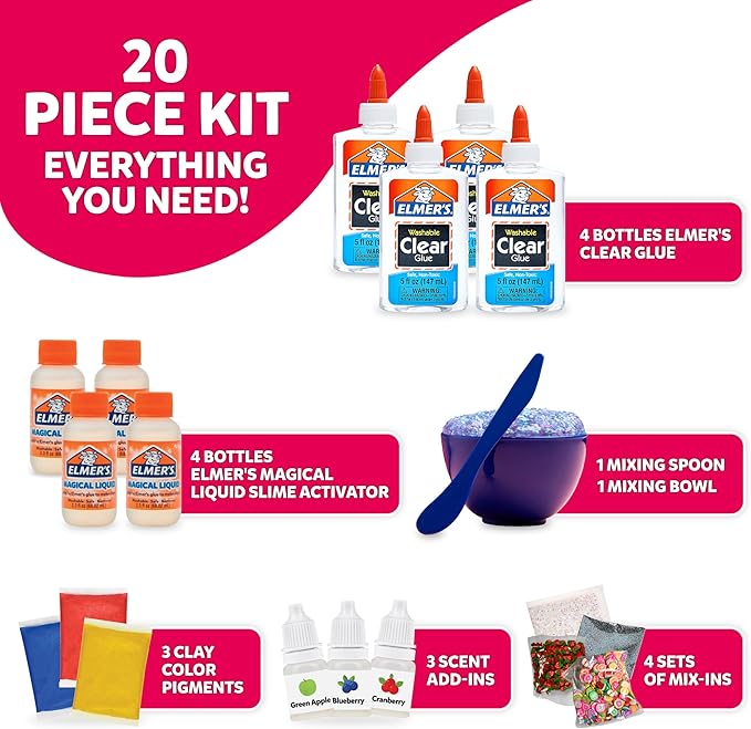 Elmer's Fruity Fusion Slime Kit, Includes Elmer's Clear Glue, Magical Liquid Slime Activator, Clay Color Pigments, Scents, Mixing Bowl, Spoon, 20 Piece Kit