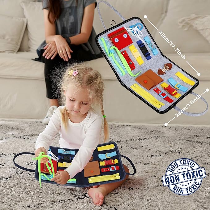 Esjay Toddler Busy Board, Sensory Board for Fine Motor Skill, Montessori Toys Toddler Activities for 3+ Year Old, for Travel, Car, Grey Alphabet