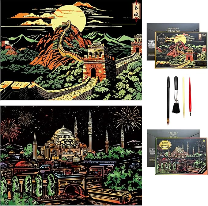 Scratch Art for Adults & Kids-Scratch Painting Craft Kit (16x11 in)|Foil Engraving Art Set|Stress Relief Gift for Travel Lovers,Craft Lovers|Creative Scratch Art Home Decor(Great Wall&Blue Mosque)