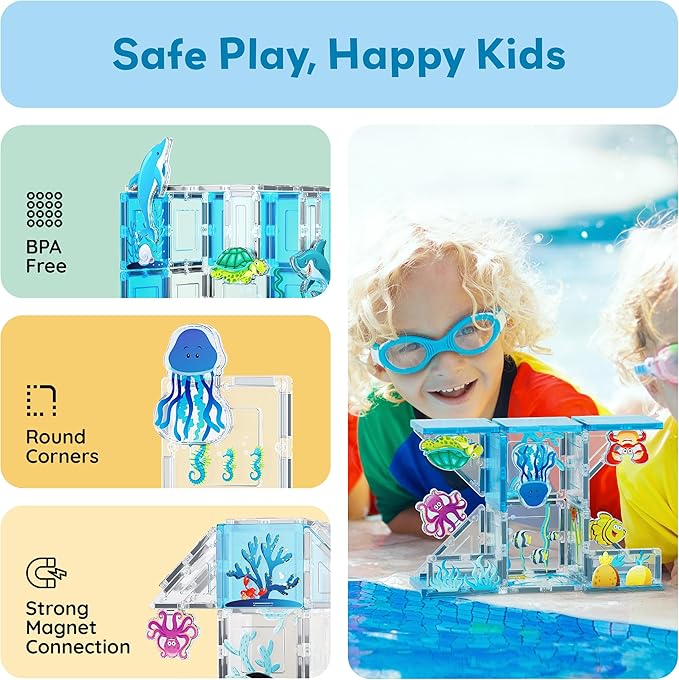 PicassoTiles 26pcs Magnetic Tiles Magnet Tile Building Blocks Marine Animal World Themed Set with 8 Ocean Character Action Figures STEM Learning Toy Construction Toddlers Boys Girls Ages 3+ PTQ25