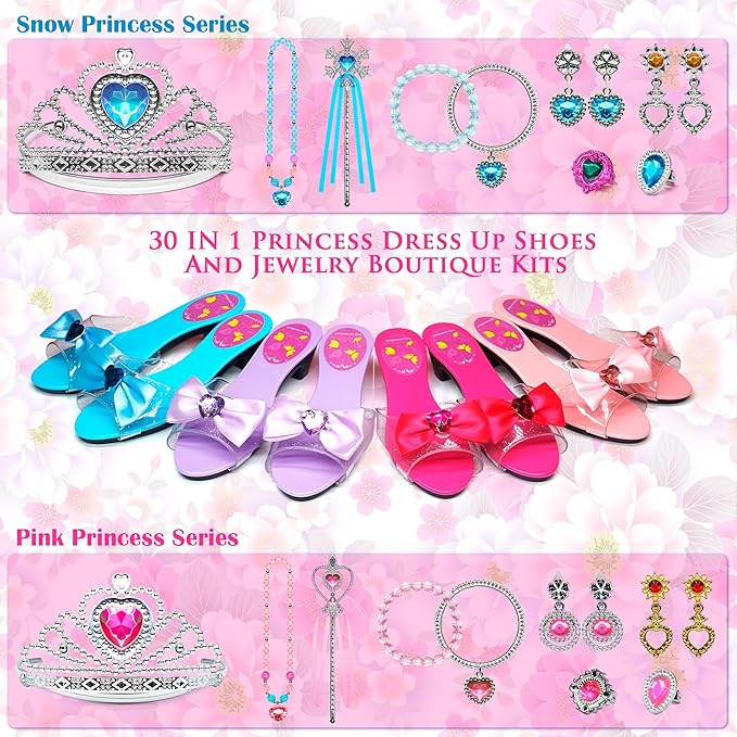 Princess Dress Up Girls Shoes - Toddler Heels Play Shoes & Pretend Jewelry Accessories Sets,Toys for Girls with Kids Crown, Wand, Necklace, Ring, Bracelet, Earring for Little Girls Aged 3 - 6 Birthday