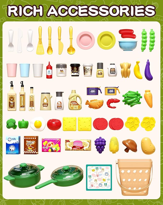 33.8IN Kids Kitchen Playset, 63PCS Kid Play Kitchen with Realistic Lights & Sounds, Spray Sink Toy Kitchen Accessories, Pretend Food Toys Kitchen for Boys Girls Toddlers(Green)