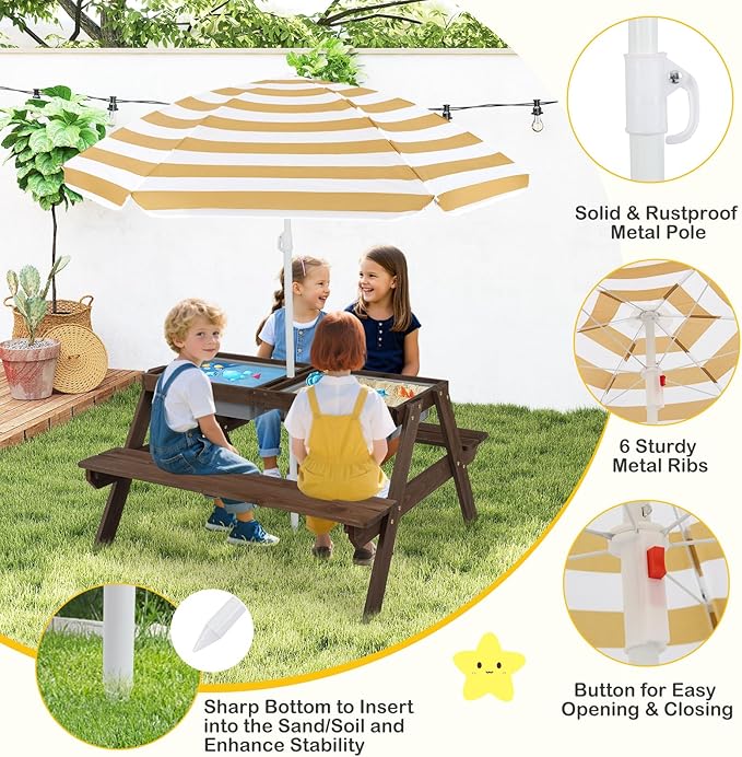 Costzon Kids Picnic Table with Sensory Bins, 4 in 1 Sand and Water Table with Height Adjustable Umbrella, Removable Tabletop for Outdoor Backyard Patio Play