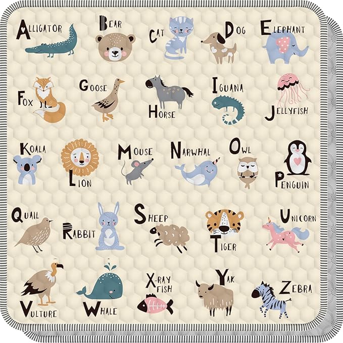 Baby Play Mat for Floor 59x59, Soft Portable, Non-Slip Crawling Mat Machine Washable Foldable Playmate for Babies,Toddlers, Infants Indoor/Outdoor Use, Alphabet & Animal Design