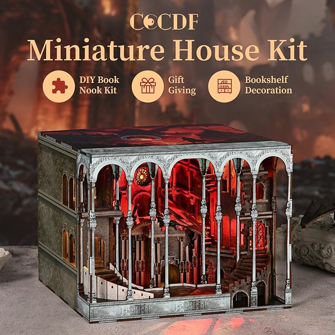 Book Nook Kit, DIY Miniature Dollhouse Booknook Kit, 3D Wooden Puzzle Bookend Bookshelf Insert Decor with LED Light for Teens and Adults (Ember Castle)