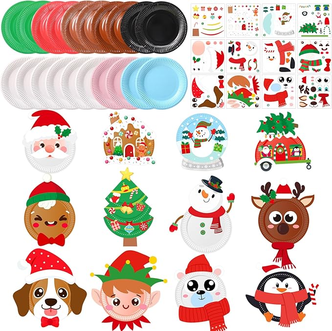 Funnymoom 24 Pcs Arts and Crafts for Kids, Halloween Plate Craft Kits Christmas Arts Craft Animal DIY Plate Kit for Halloween Xmas Holiday Party Girl Boy Preschool Classroom DIY Project(Vivid)