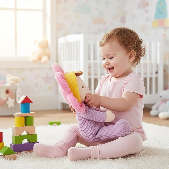June Garden My First Doll Florie Blossom – 10" Soft Plush Doll – Baby Safe Infant Cuddle Toy – Newborn Purple Corduroy – 0+ Months