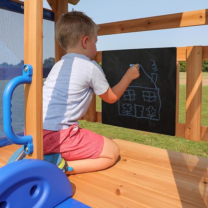 Backyard Discovery Bay Pointe Cedar Wood Swing Set with Wave Slide, Play Deck, Rock Wall Ladder, Belt Swings, Chalkboard, Canopy Roof, Outdoor Playset