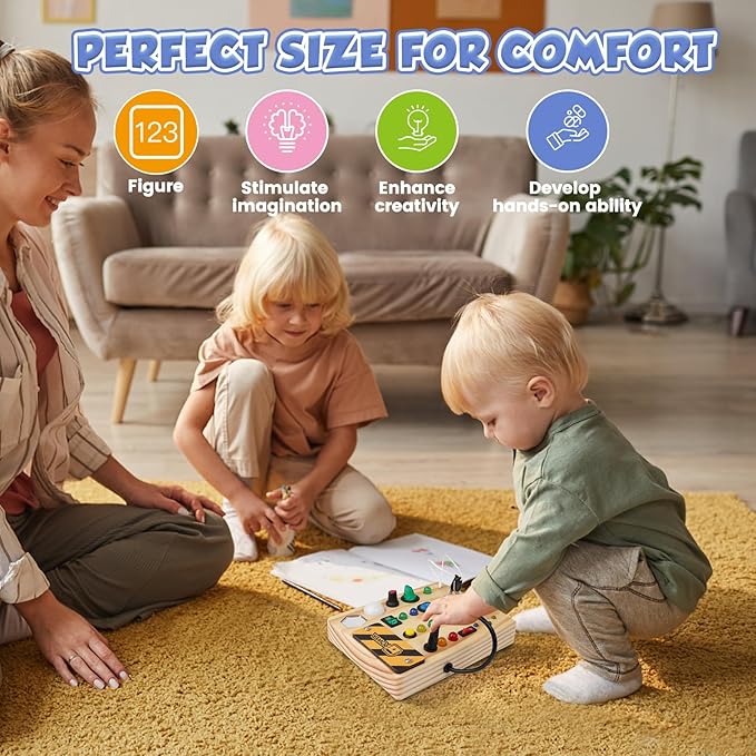 Montessori Busy Board Toys: Wooden Sensory Toy for Toddler with LED Light Up Switch, Educational/Christmas/Birthday Gifts for 1-3 Year Old Boys & Girls