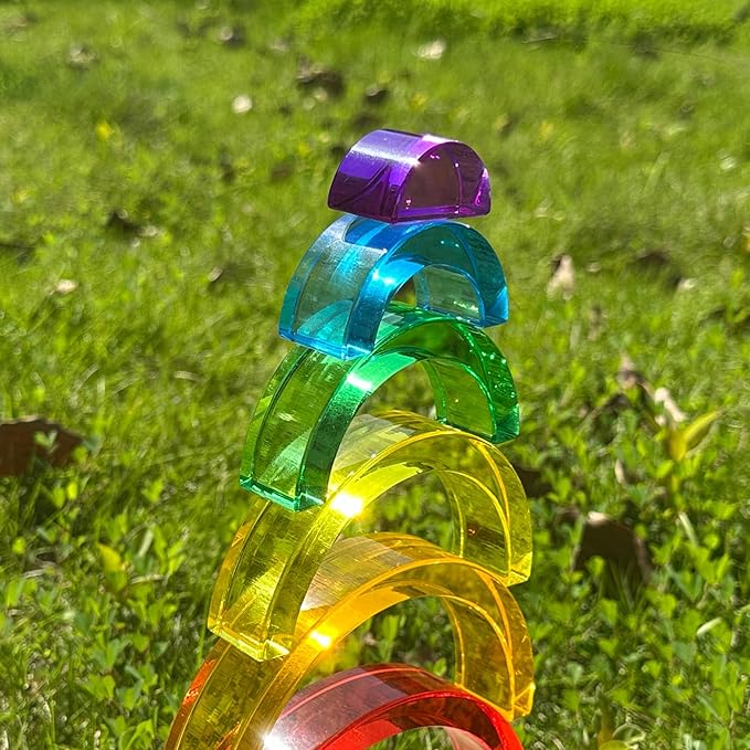 6PCS Acrylic Rainbow Stacker Toy, 100% Acrylic Stacking Toy,Montessori Arch Bridge Rainbow Building Blocks for Kids, Educational Sensory Light Learning Toys