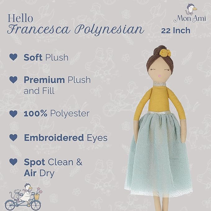 MON AMI Francesca Polynesian Princess Doll – 22 Inches Soft Plush Stuffed Doll for All Ages | Cuddly Toy, Nursery & Bedroom Décor | Elegant Baby Shower, Birthday Essential