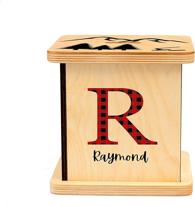 Wooden Piggy Bank for Kids and Adults, Personalized Gift Handmade in USA by BloomOwl, Custom Piggy Bank, Personalized Banks for Kids, Gifts for Baby Boys and Girls (Buffalo Plaid)