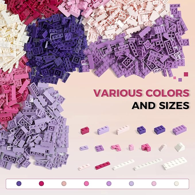1000 Pieces Classic Building Bricks, Classic Stackable Base Plates, 3 6.3" x 6.3" White, Pink and Purple Base Plates, Compatible with All Major Brands, Toys for Ages 6-7-8-13 Girls