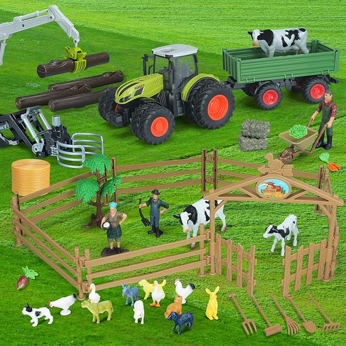 46Pcs Farm Toys, Tractor Toy w/Lights & Sound, Animals Toys for 3 4 5 6 7 8+ Year Old Toddler Girls Boys Kid, Figures Farmer Vehicle Truck Fence Playset Educational Learning Toys