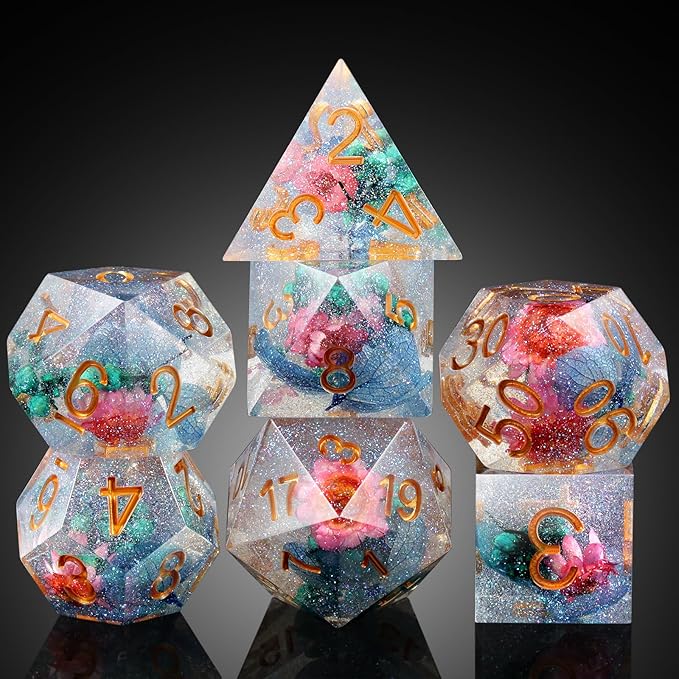 Flower Resin DND Dice, DNDND Handmade Sharp Edge D&D Die with Gift Case for D&D Dungeons and Dragon Tabletop Games (Matt Pink)