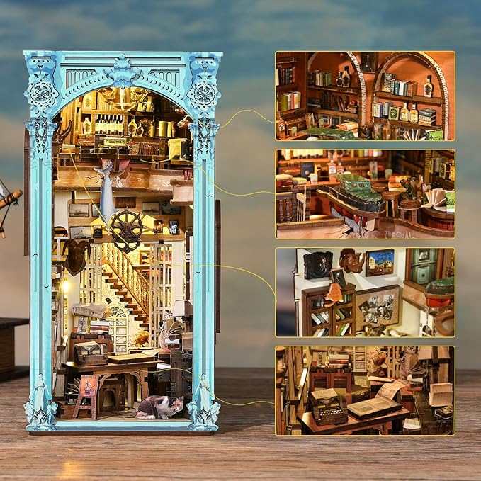 DIY Book Nook Kit, Miniature Dollhouse Booknook Kit, 3D Wooden Puzzle Bookend Bookshelf Insert Decor with LED Light for Teens and Adults (Hemingway House)