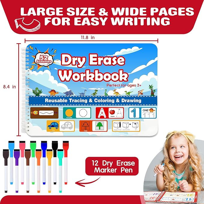 iHarPro Preschool Learning Activities - 52 Pages Handwriting Practice Tracing Books for Kids, Montessori Toys Kindergarten Educational Workbooks Age 3-6, with 12 Dry Erase Markers
