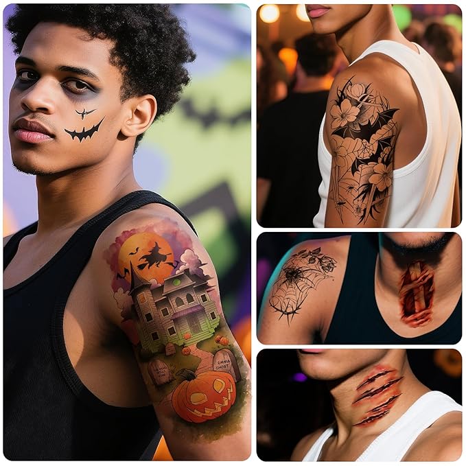 77 PCS Halloween Temporary Tattoos Adult Kids, 17 PCS Half Sleeve Pumpkin Bat Crow Witch Skull Fake Tattoos, 60 PCS Spider Cat Ghost Scar Tiny Realistic Face Body Tattoos Stickers