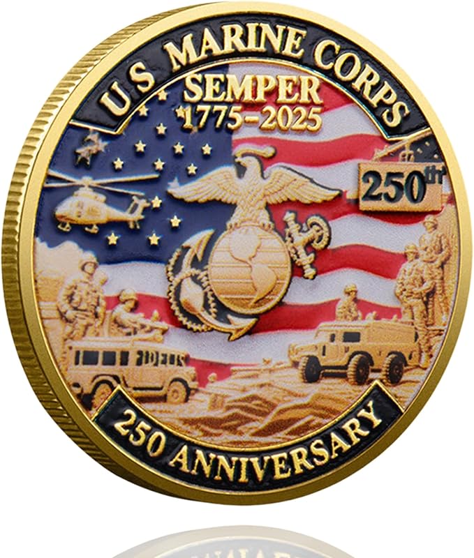 250th Anniversary Marine Corps & U.S. Army Challenge Coins – Double-Sided 1.57” Military Collectible Coins with Engraved Emblems – Patriotic Veteran Gift for USMC 250th Anniversary