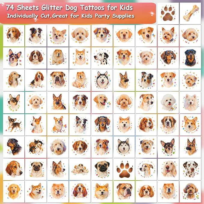 Glitter Dog Temporary Tattoos for Kids - 74 Individually Sheets | Waterproof & Easy Peel | Perfect for Kids Birthday Party Supplies, Dog Lovers, School Rewards