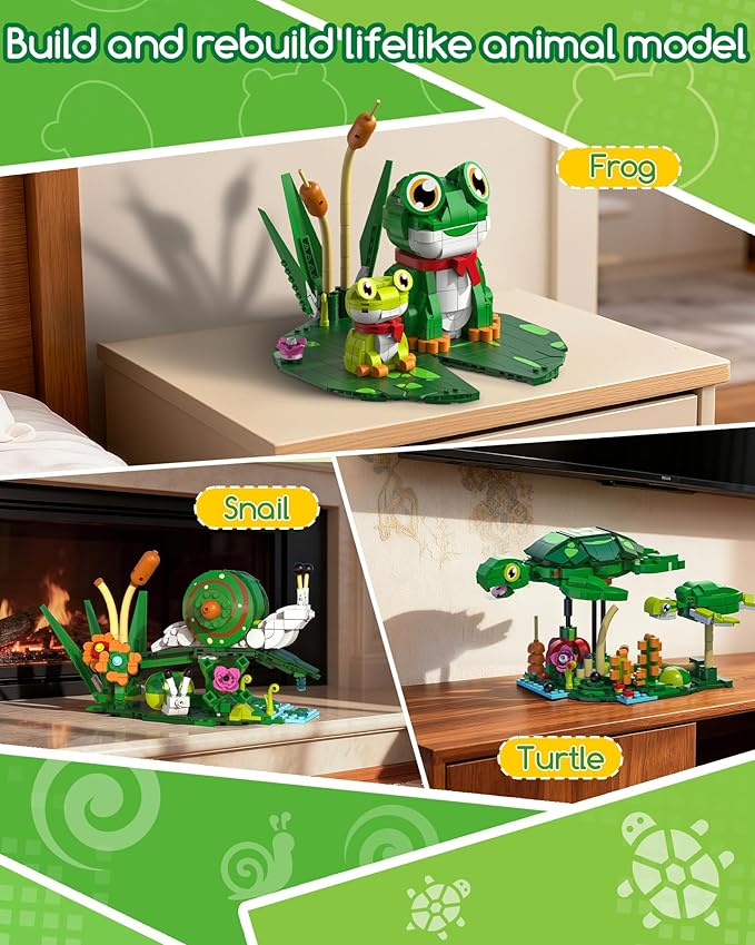 3 in 1 Animals Frog Family Building Set - Animal Figures with 3 Building Options, Create Frog, Turtle or Snail Family - Educational Toy Birthday Gift for Girls and Boys Ages 6+