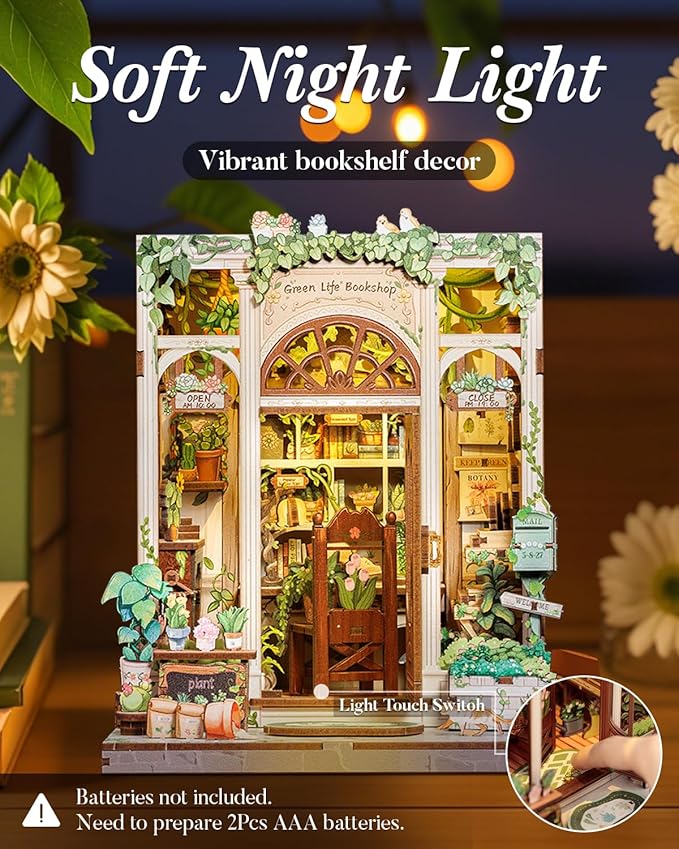 Cutefun Book Nook Kit - DIY Miniature Dollhouse Booknook Kit for Adults and Teens, Tiny House Bookshelf Insert Decor with LED Light, Gifts for Family and Friends (Green Life Bookshop)