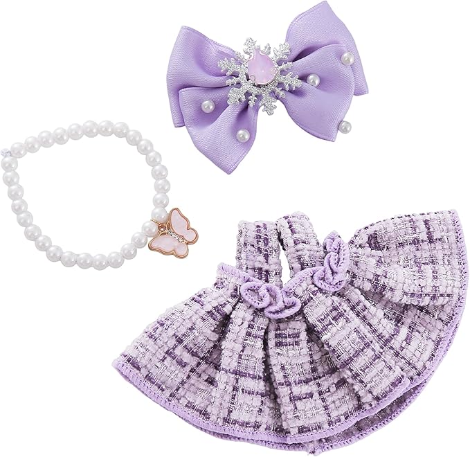 17cm Doll Clothes Set & Dolls Outfit 3-Piece Princess Clothes Set with Purple Dress Necklace and Bow Accessories for 17cm Plush Dolls, Clothes Only, No Doll Included (Purple A)