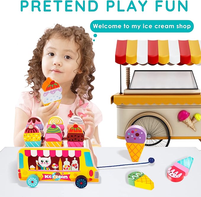 Wooden Ice Cream Truck, 28 pcs Magnetic Ice Cream Sweet Treats Pretend Play Food & Accessories, Montessori Sorting & Stacking Toys for Toddler Girls & Boys Age 2-5