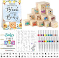 146 Pcs Baby Shower Game Sign Set Includes Decorative Square 54 DIY Blank Wooden Blocks 24 Paint Markers 27 Page Baby‘s First ABC Book (Blue Bear)