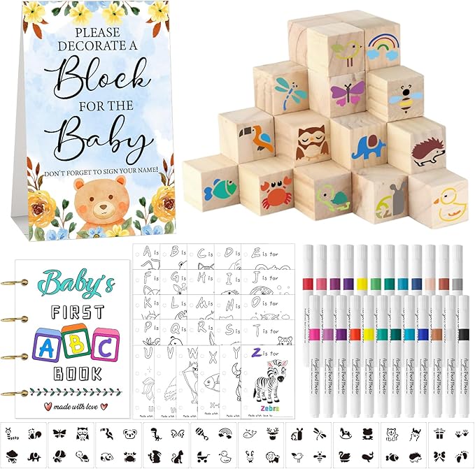 146 Pcs Baby Shower Game Sign Set Includes Decorative Square 54 DIY Blank Wooden Blocks 24 Paint Markers 27 Page Baby‘s First ABC Book (Blue Bear)