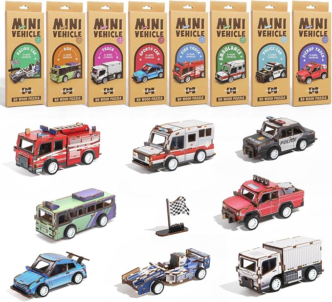8 Pack 3D Wooden Puzzle STEM Model Car Kits, Science Kits for Young Engineer, 3D Puzzles for Kids Ages 4-12, Educational Wooden Craft Gifts for Boys & Girls
