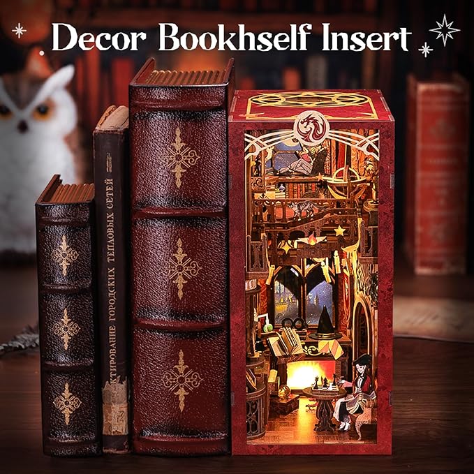 Fsolis Book Nook Kit, DIY Miniature Room House Kit 3D Wooden Puzzle Craft Kit for Adults Decorative Bookend Bookshelf Bookcase Nook Decor Gifts for Women Teens and Book Lovers (Flam Common Room)