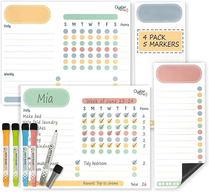 Magnetic Chore Chart Set for Multiple Kids & Adults - 4pcs Dry Erase Boards - Memo Sheet & To-Do List Whiteboard - Family Fridge Organizer - 5 Fine Tip Markers - Reward Good Behavior & Responsibility