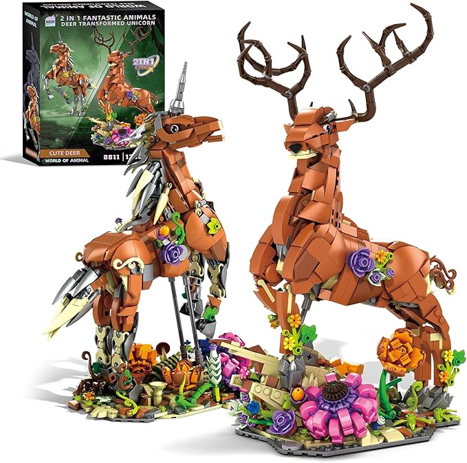 2 in 1 sika Deer&Unicorn Animals Building Decorations Set,Animal Blocks Flowering shrubsToys Suitable for Boys and Girls Age 6+ Year Old Desktop Decoration