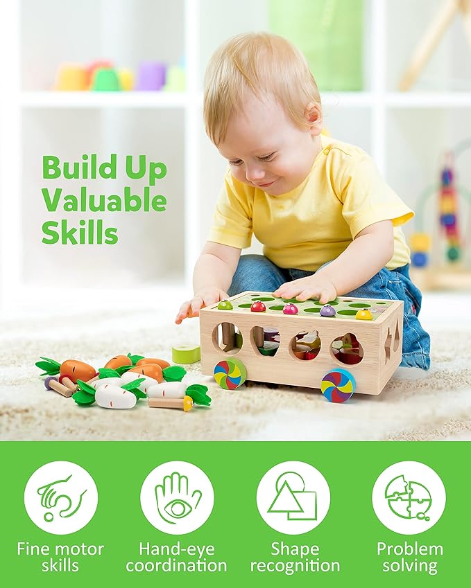 Coogam Montessori Fine Motor Toys for Baby Toddler, Wooden Shape Sorter Carrot Harvest Game for Easter Basket Stuffer, Preschool Learning Educational Gift Toy for 3 4 5 Year Old