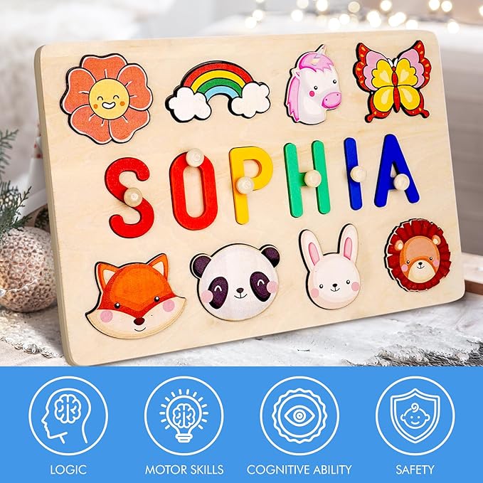 Baosity Personalized Name Puzzle for Kids, Custom Wooden Puzzles for Toddler 1-3, Baby Toddler Toys for 1 Year Old, Personalized Christmas Birthday Gifts for Boy & Girl