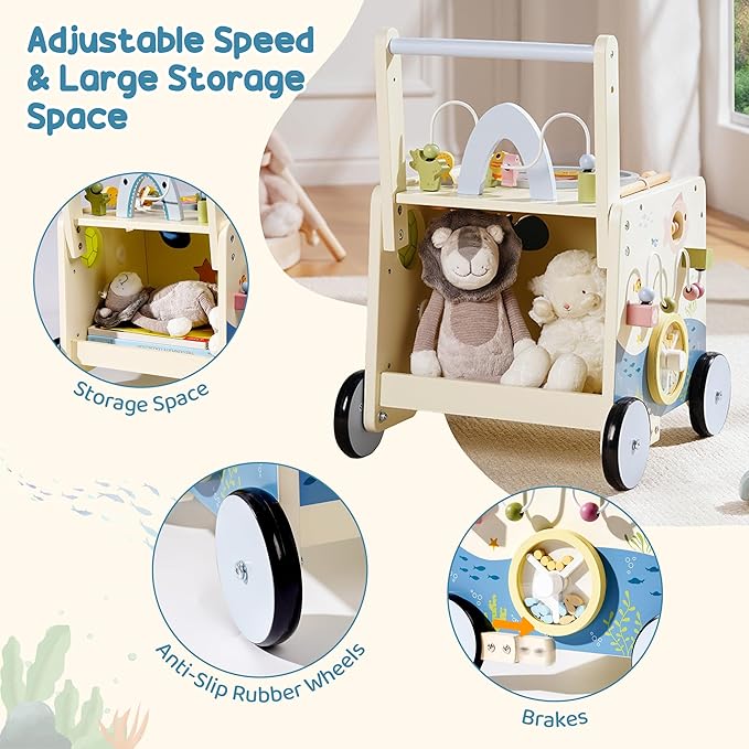 ROBUD Wooden Baby Push Walker, Marine Theme Learning Walking Toys, Adjustable Height Baby Walker with Decelerator, Montessori Toys for Baby Age 10 Months+, WRP23
