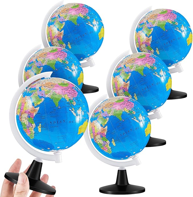 Henoyso 6 Pcs World Globe for Kids 3.4'' Educational Mini Desk Decorative Earth Globes with White Stand Learning Rotating World Map for Adults Classroom Geography Table Decor