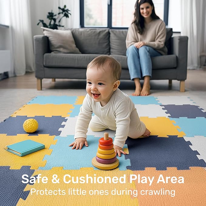 Enovoe Baby Play Mat for Floor - Non-Toxic, Interlocking EVA Foam Mats -16 Pcs - Cushioned Foam Puzzle Floor Mat for Kids & Infants - Ideal for Playrooms, Nurseries, and Home Gyms (12" x 12")