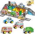 Oriate City Road Set Magnetic Tiles, Rolling Rescue Toy Cars with Construction Building Magnetic Blocks, Educational Road Traffic City Life Magnet Tiles, STEM Toys Gifts for Preschool Kids