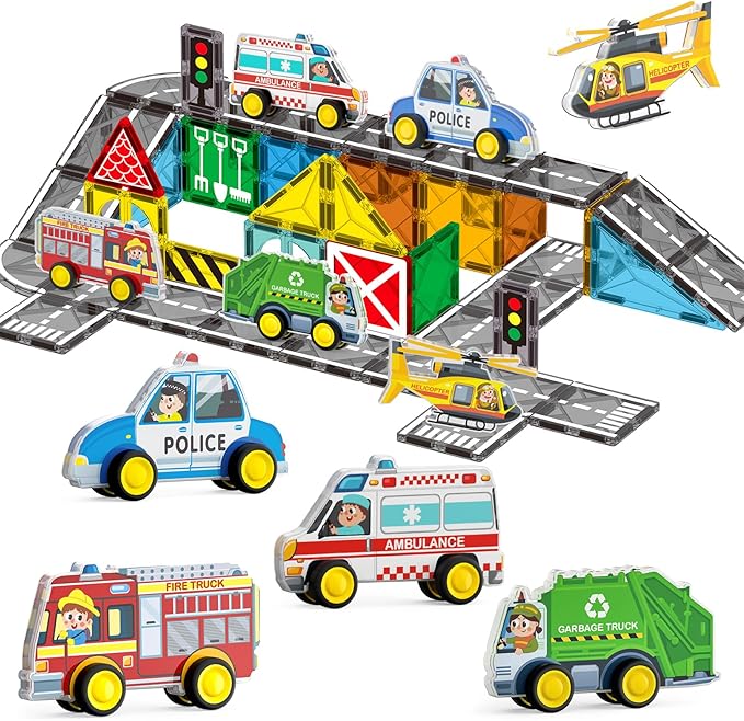Oriate City Road Set Magnetic Tiles, Rolling Rescue Toy Cars with Construction Building Magnetic Blocks, Educational Road Traffic City Life Magnet Tiles, STEM Toys Gifts for Preschool Kids