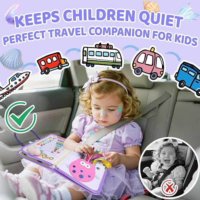 Toddler Busy Board Montessori Toys for Girls Birthday Gift, Sensory Busy Book Educational Learning Activity Board for Toddler Girls, Travel Activities Toys for Airplane Car