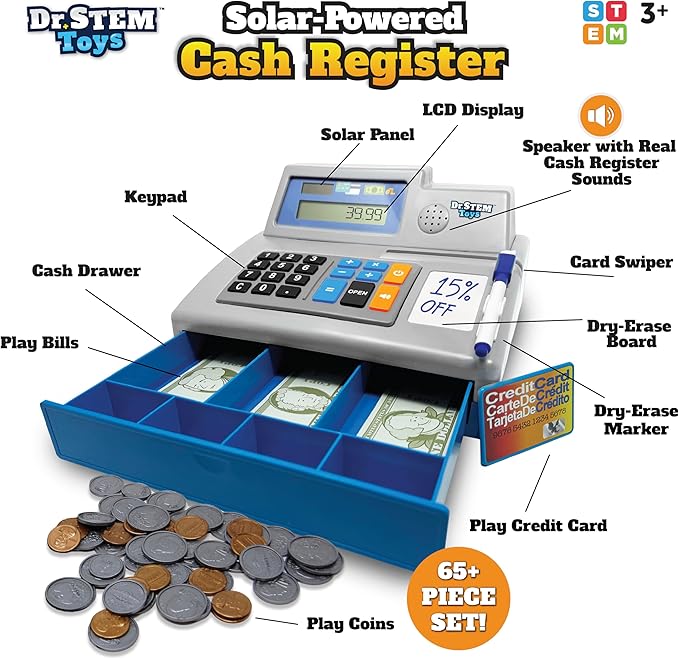 Dr. STEM Toys Solar Powered Calculator Pretend Cash Register with Play Money – 67-Piece Set for Learning Math Skills, STEM Cash Register for Kids (Gray)
