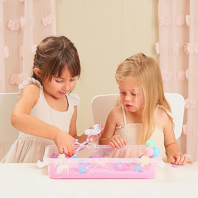 Premium 38 PCS Unicorn Sensory Sand Bin-2 lb Magic Sand, Sensory Bin for Toddlers & Sand Scooper-Count Sparkly Pom-Poms, Bring Unicorns to Life - Ideal Gift for Kids