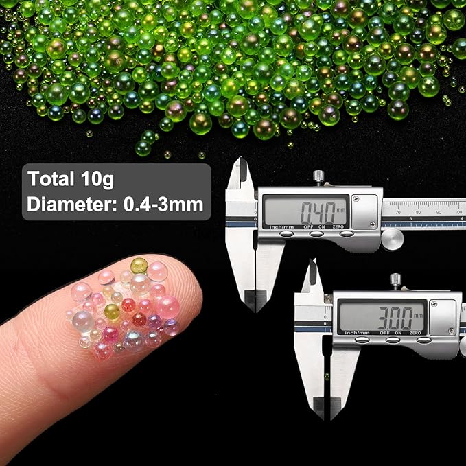 Iridescent Glass Tiny Bubble Beads, 0.4-3mm 10g No Hole Micro Mini Round Dark Green Water Droplets Beads - Applications: for Resin Filler, Nail Art, Dollhouse Bath Tub