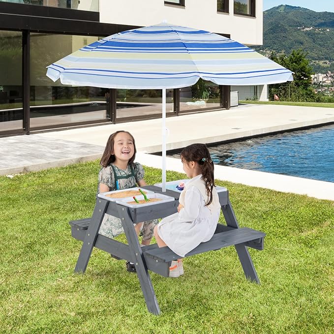 HONEY JOY Kids Picnic Table, 4 in 1 Cedar Wooden Sand & Water Table w/ 3 Removable Box & Umbrella, Kids Picnic Tables for Outdoors Backyard Garden, Toddler Patio Furniture Set for Boys Girls(Gray)