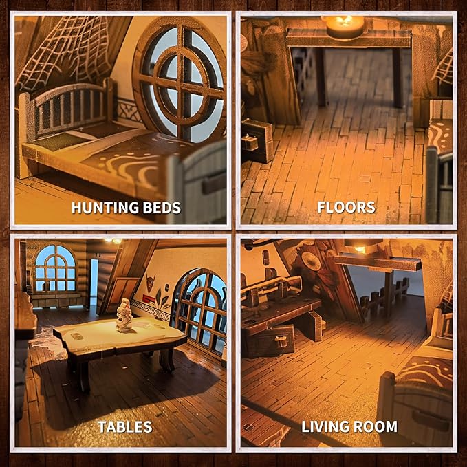 Model Kit Adult Miniature House Kit, Doll Houses Book Nook DIY Kit with Furniture and USB -LED Light, Bookshelf Miniature Scenes, Dollhouse Kits for Adults, Children (Hunting-Cabin)