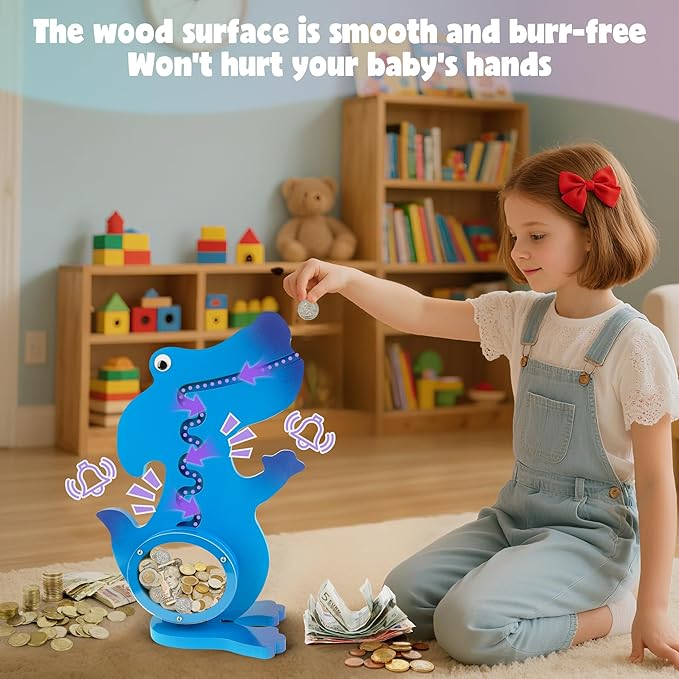 Dinosaur Piggy Bank for Kids Boys Girls, Wooden Dino Coin Bank with Large Clear Acrylic Belly, Cute Money Savings Box for Toddlers Birthday Christmas (Gradient-Blue)